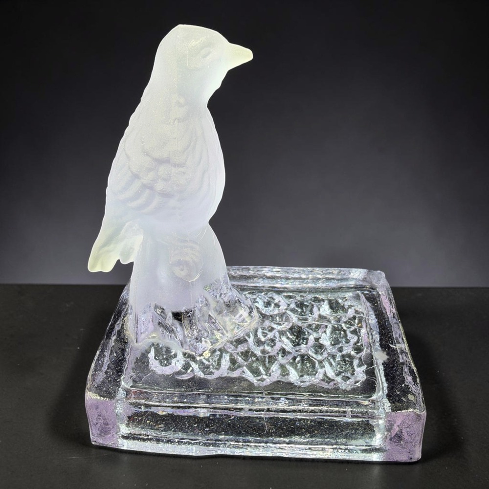 Vintage Lilac Purple Art Glass Bird Figurine Textured Paperweight Desk Tray Dish